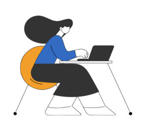 Illustration of a woman sitting at a laptop, focused on her work, with a cozy home office setting in the background.